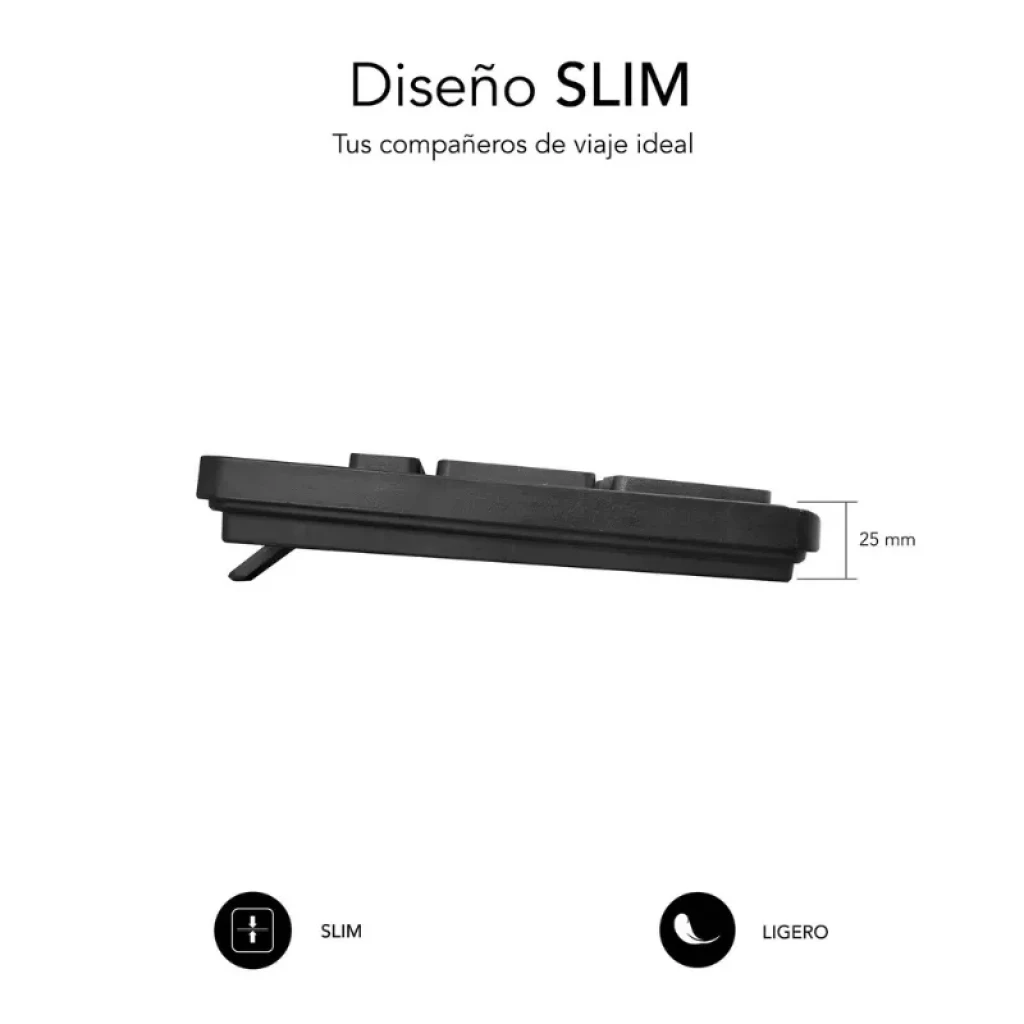 Teclado de membrana slim con cable USB, perfil ultrafino de 25 mm, silencioso y ligero; diseño negro minimalista con patas ajustables para mayor comodidad