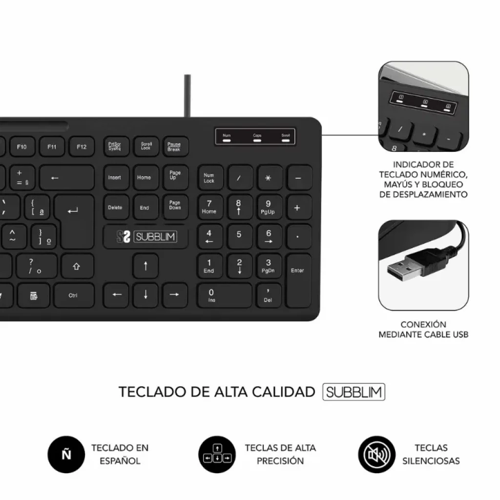 Subblim Business Slim Silencioso con cable USB: teclado de membrana negro, perfil bajo, teclas en español, indicador LED y conexión USB, teclas silenciosas