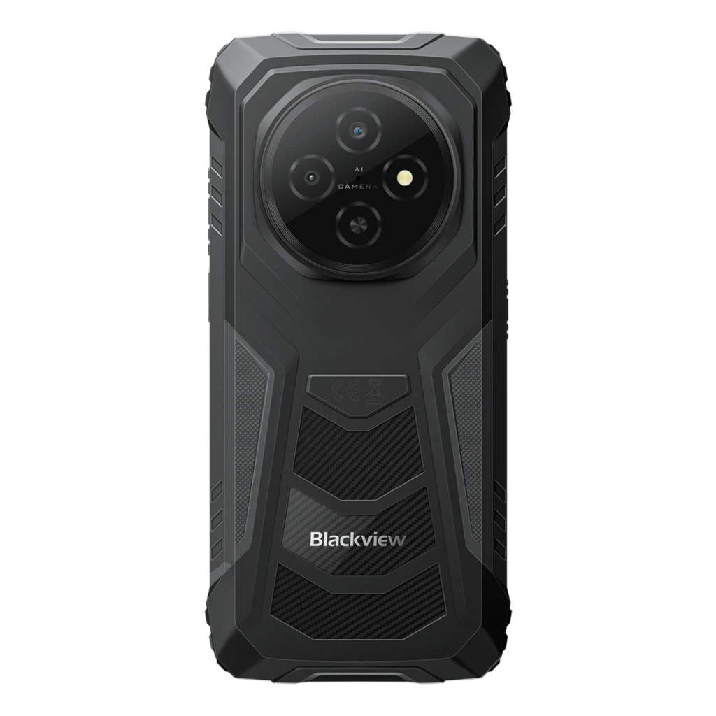 Parte trasera del Blackview Fort 1 6GB/256GB Negro Rugged con carcasa robusta, textura antideslizante y módulo de triple cámara circular con flash