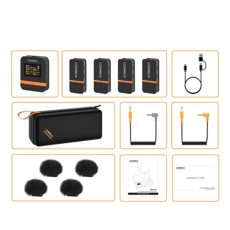 COMICA Vimo Q Micrófono Lavalier Inalámbrico de 4 Canales con Cancelación de Sonido - Negro, contenido del paquete