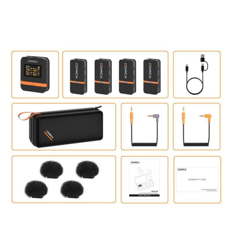 COMICA Vimo Q Micrófono Lavalier Inalámbrico de 4 Canales con Cancelación de Sonido - Negro, contenido del paquete