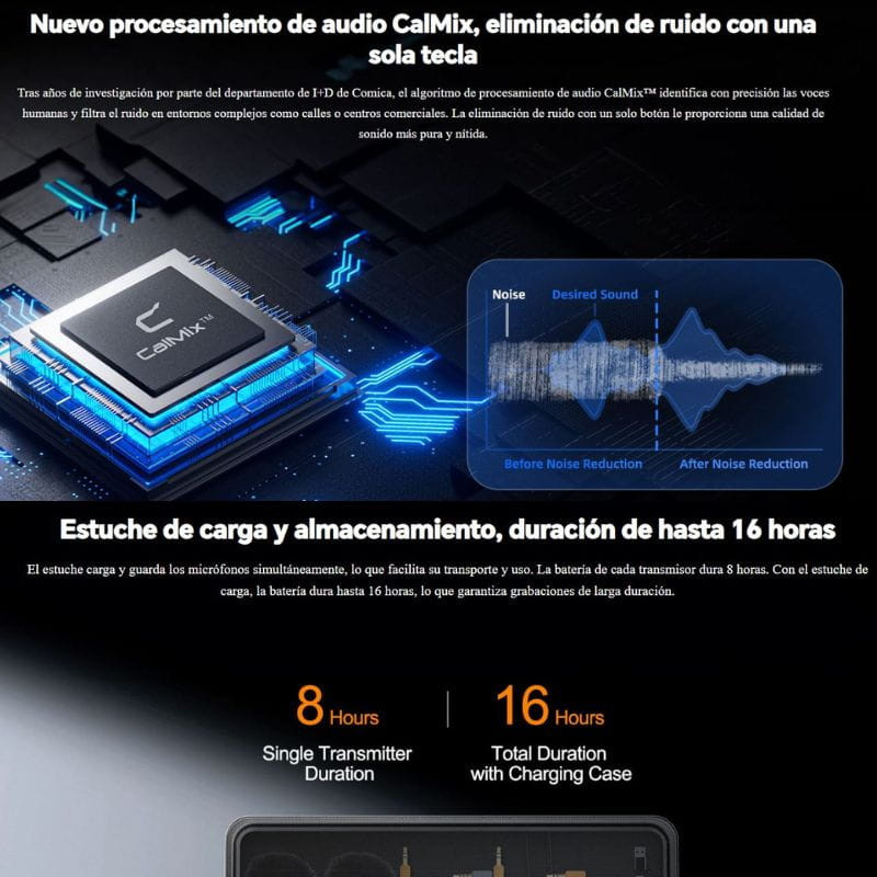 COMICA Vimo Q Micrófono Lavalier Inalámbrico de 4 Canales con Cancelación de Sonido - Negro, estuche de carga  características