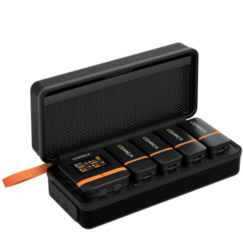 COMICA Vimo Q Micrófono Lavalier Inalámbrico de 4 Canales con Cancelación de Sonido - Negro, imagen dentro del estuche