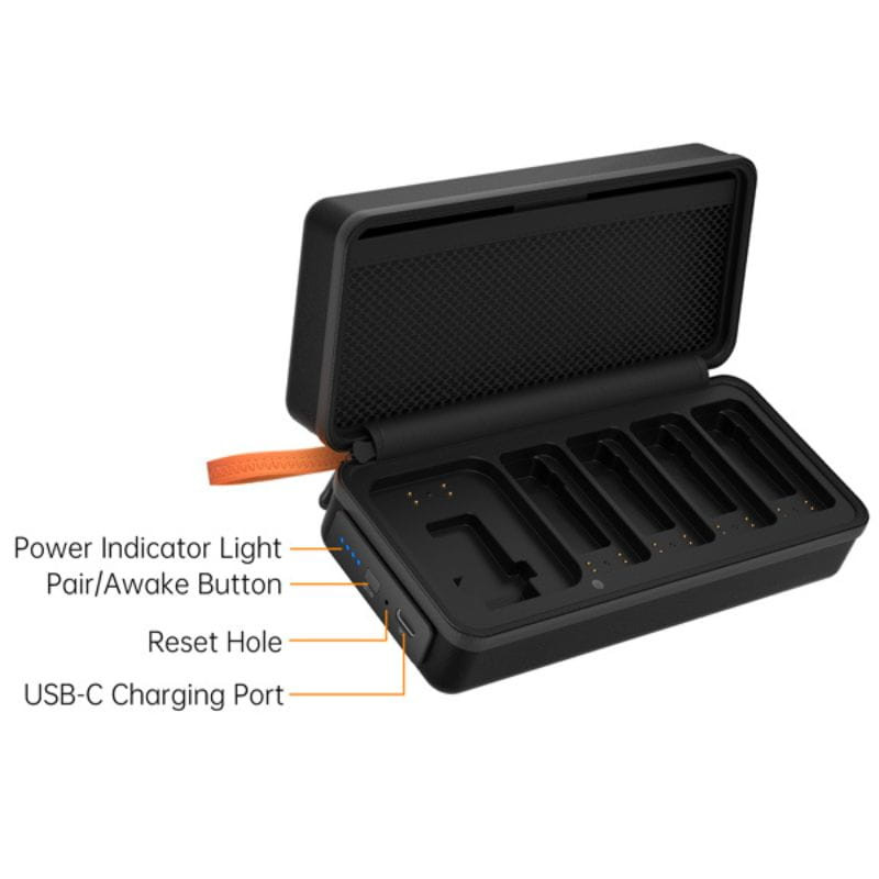 COMICA Vimo Q Micrófono Lavalier Inalámbrico de 4 Canales con Cancelación de Sonido - Negro, interfaces del estuche de carga