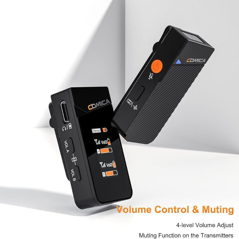 COMICA Vimo C2 Micrófono Lavalier Inalámbrico de 2 Canales con Control y Cancelación de Sonido, detalle de los controles