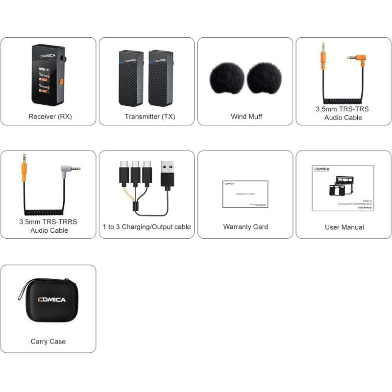 COMICA Vimo C2 Micrófono Lavalier Inalámbrico de 2 Canales con Control y Cancelación de Sonido, contenido del paquete