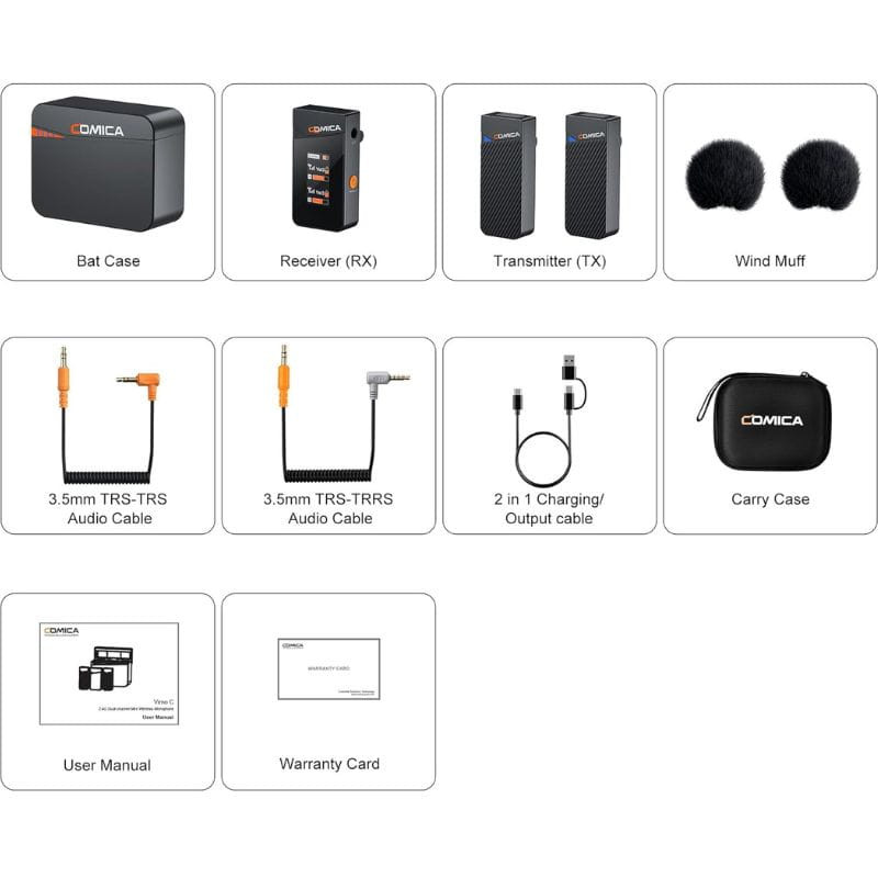 COMICA Vimo C3 Microphone Lavalier sans fil à 2 canaux avec contrôle et suppression du son, contenu de l'emballage