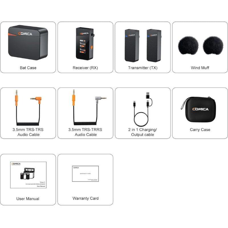COMICA Vimo C3 Microphone Lavalier sans fil à 2 canaux avec contrôle et suppression du son, contenu de l'emballage