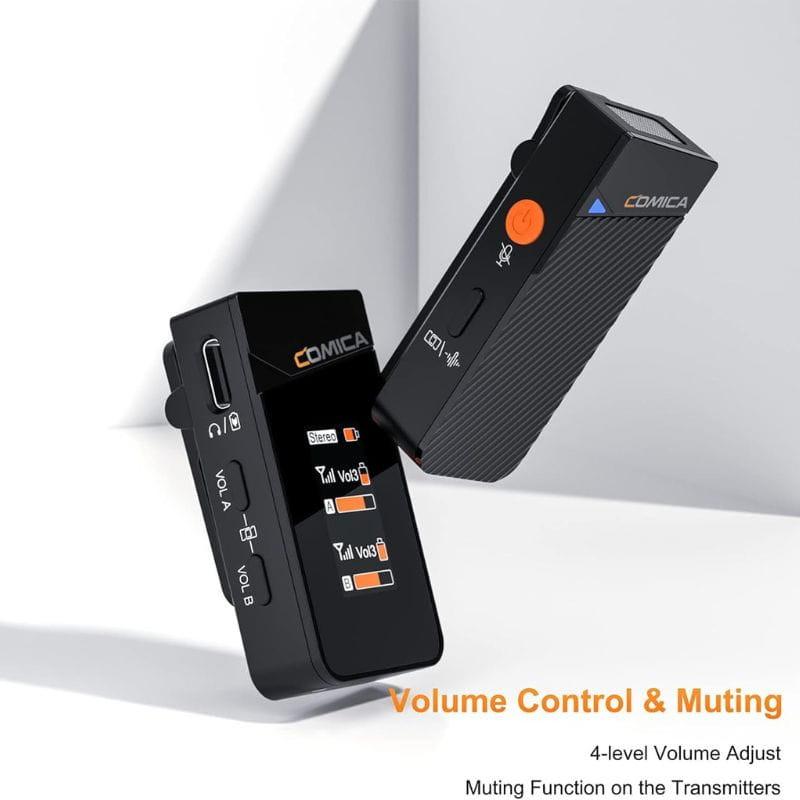 COMICA Vimo C3 Microphone Lavalier sans fil à 2 canaux avec contrôle et suppression du son, caractéristiques des commandes