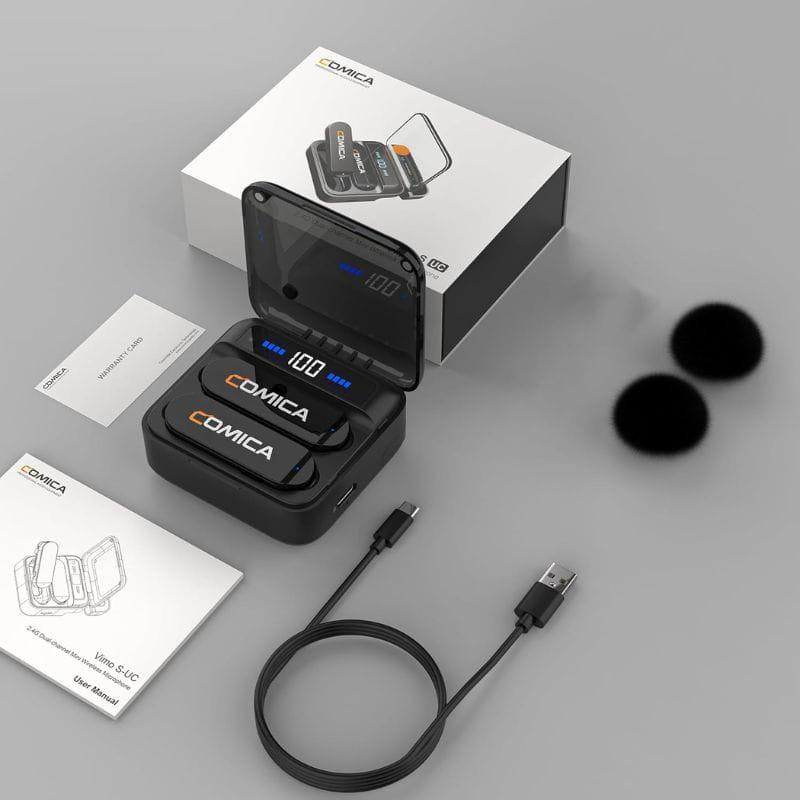 COMICA Vimo S-UC Micrófono Lavalier Inalámbrico con Cancelación de Sonido (USB-C) Negro, contenido del paquete
