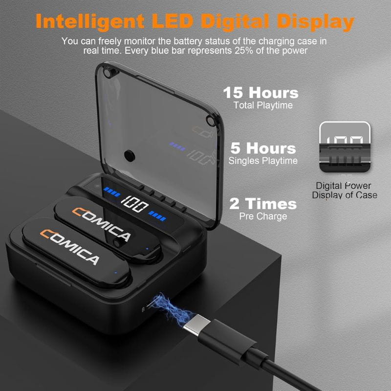 COMICA Vimo S-UC Micrófono Lavalier Inalámbrico con Cancelación de Sonido (USB-C) Negro, características de la batería