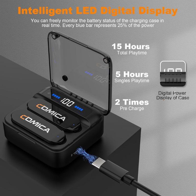 COMICA Vimo S-UC Micrófono Lavalier Inalámbrico con Cancelación de Sonido (USB-C) Negro, características de la batería