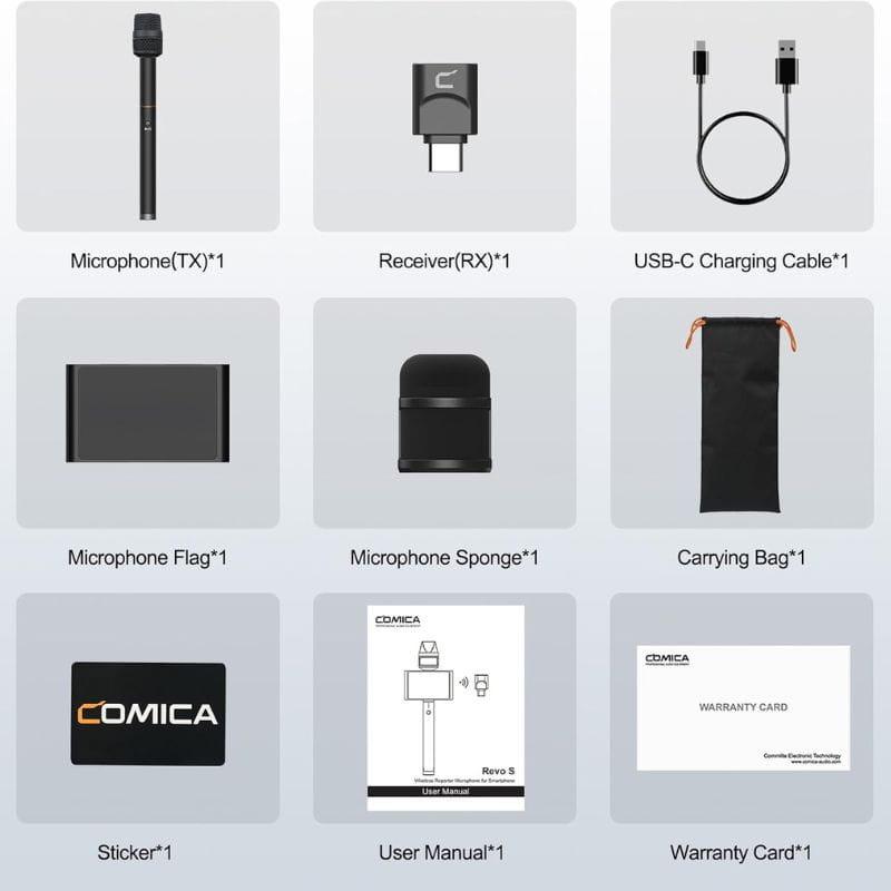 COMICA Revo S Micrófono Inalámbrico de mano para entrevistas USB-C, contenido del paquete