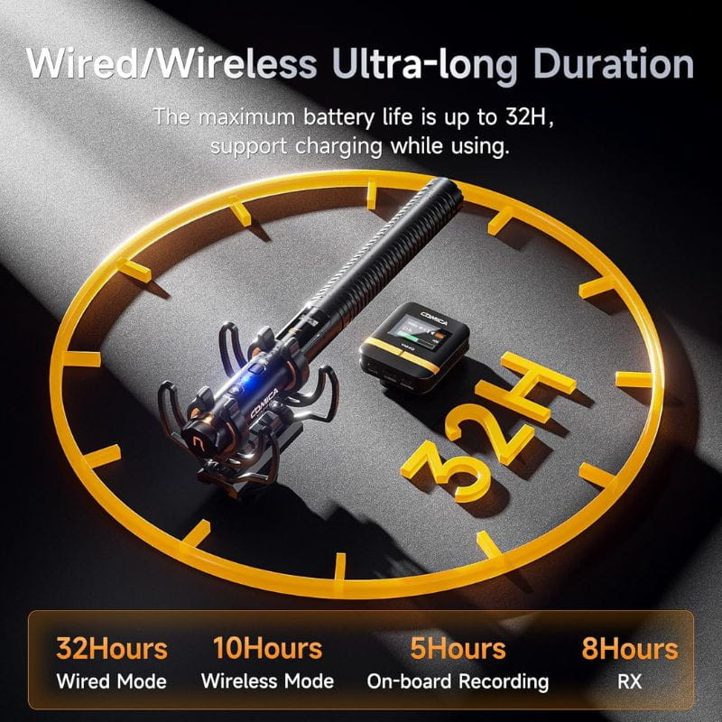 COMICA VM40 Microfone sem fio com 32 GB de gravação integrada e flutuante, características da bateria