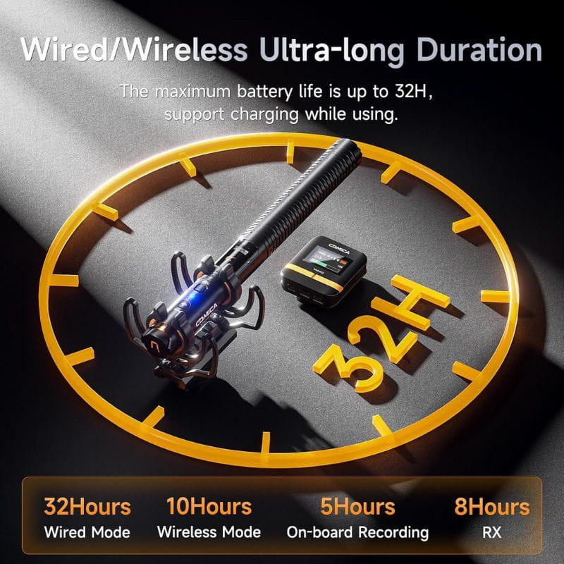 COMICA VM40 Microfone sem fio com 32 GB de gravação integrada e flutuante, características da bateria