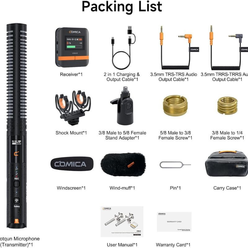 COMICA VM40 Microfone sem fio com 32 GB de gravação integrada e flutuante, conteúdo da embalagem