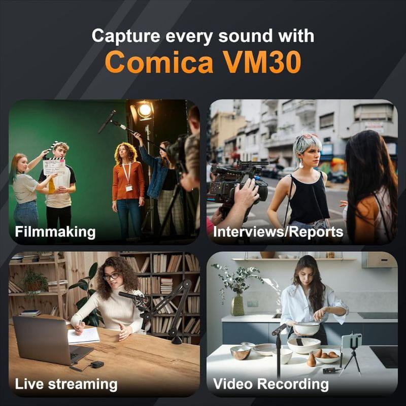 COMICA VM30 Micrófono Inalámbrico de Grabación Integrada y Flotante, en distintos escenarios