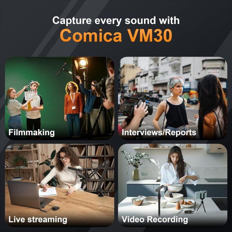 COMICA VM30 Micrófono Inalámbrico de Grabación Integrada y Flotante, en distintos escenarios