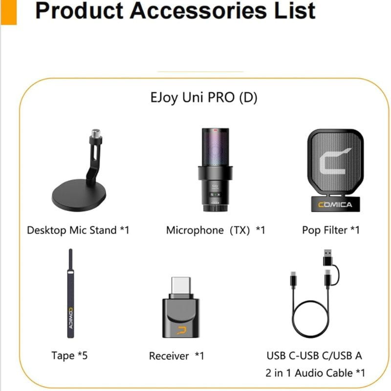 COMICA EJoy Uni Pro(D) Micrófono Inalámbrico de Condensador Cardioide RGB Negro, contenido del paquete