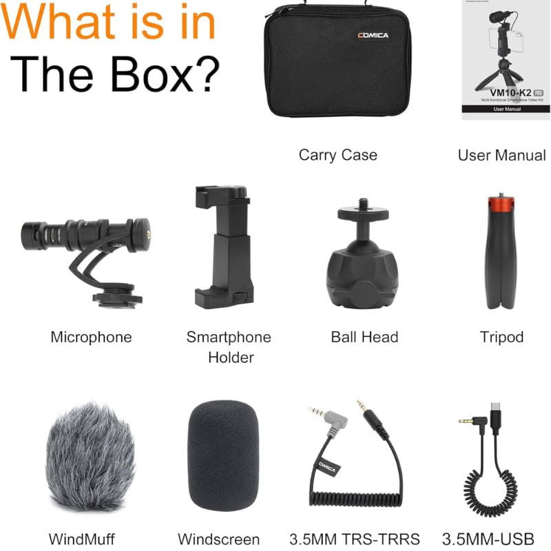 COMICA VM10-K2 PRO Trépied avec microphone - Kit vidéo pour smartphones, contenu de l'emballage