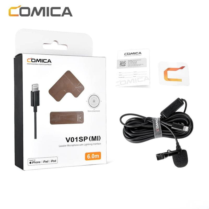 Microphone Lavalier COMICA pour smartphone Lightning 4,5 m, contenu de l'emballage