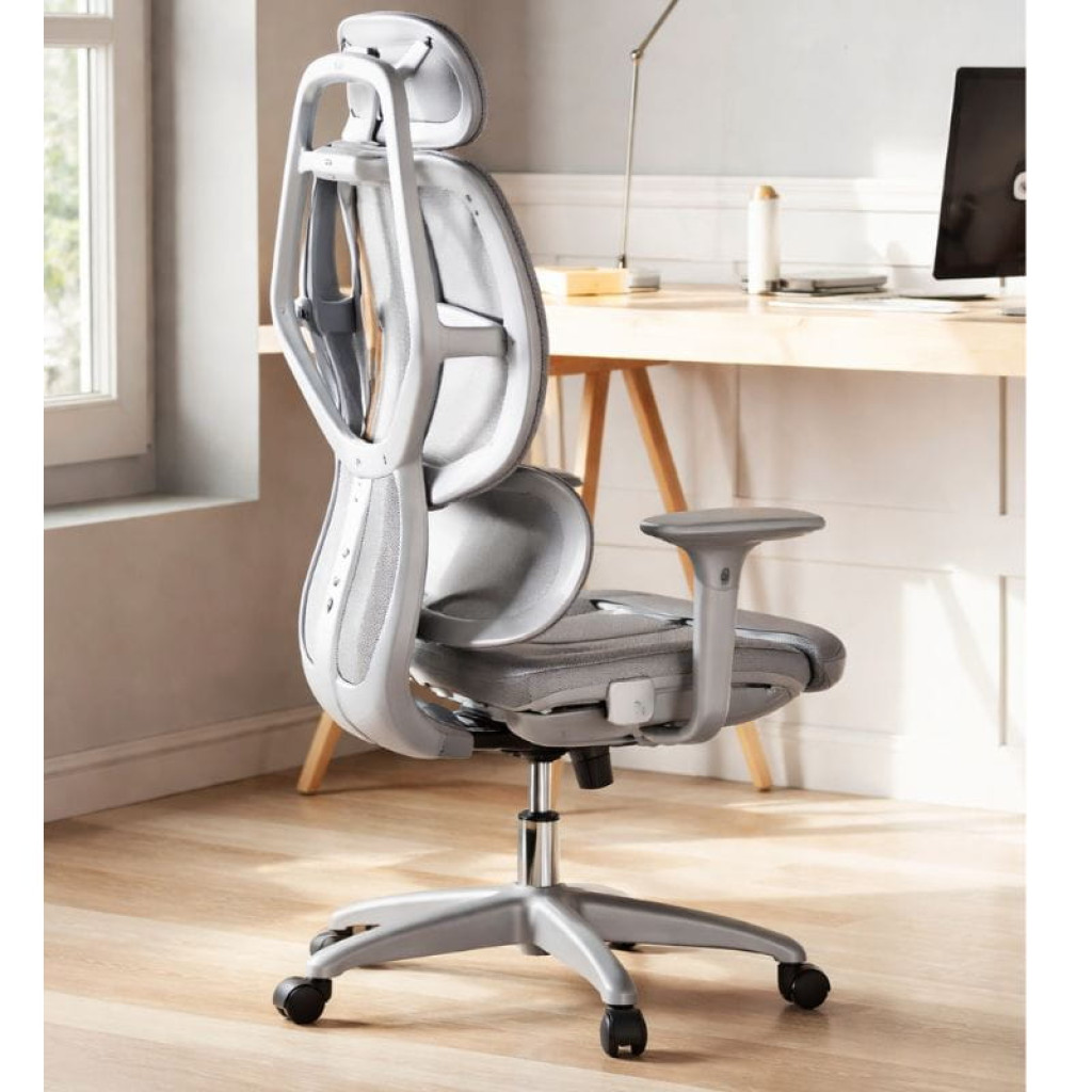 Powerbasic Pinhel - Silla de Oficina Ergonómica Gris con respaldo alto de malla, soporte lumbar, reposacabezas ajustable, brazos regulables y base con ruedas