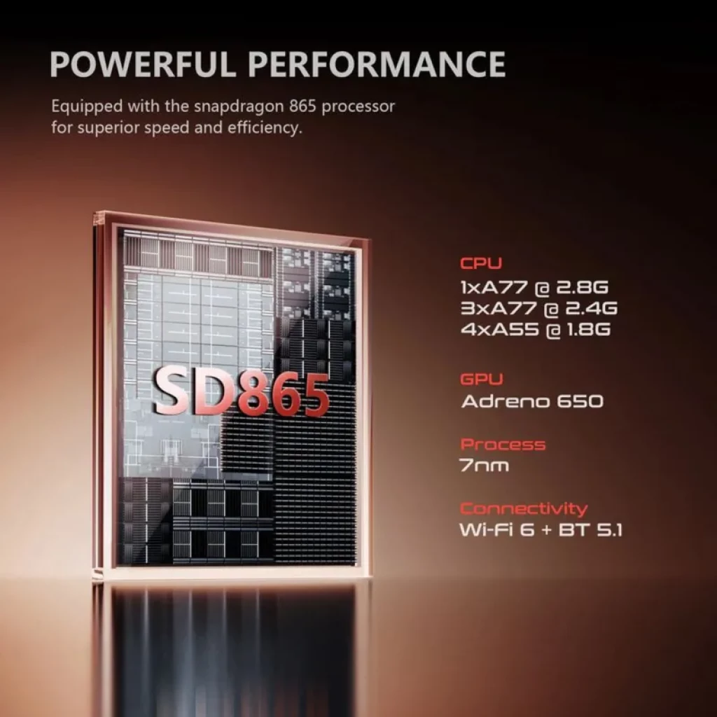 Retroid Pocket Mini V2 SD865 con chip Snapdragon 865, GPU Adreno 650, proceso 7 nm, Wi‑Fi 6 y Bluetooth 5.1; enfoque en rendimiento potente y eficiente