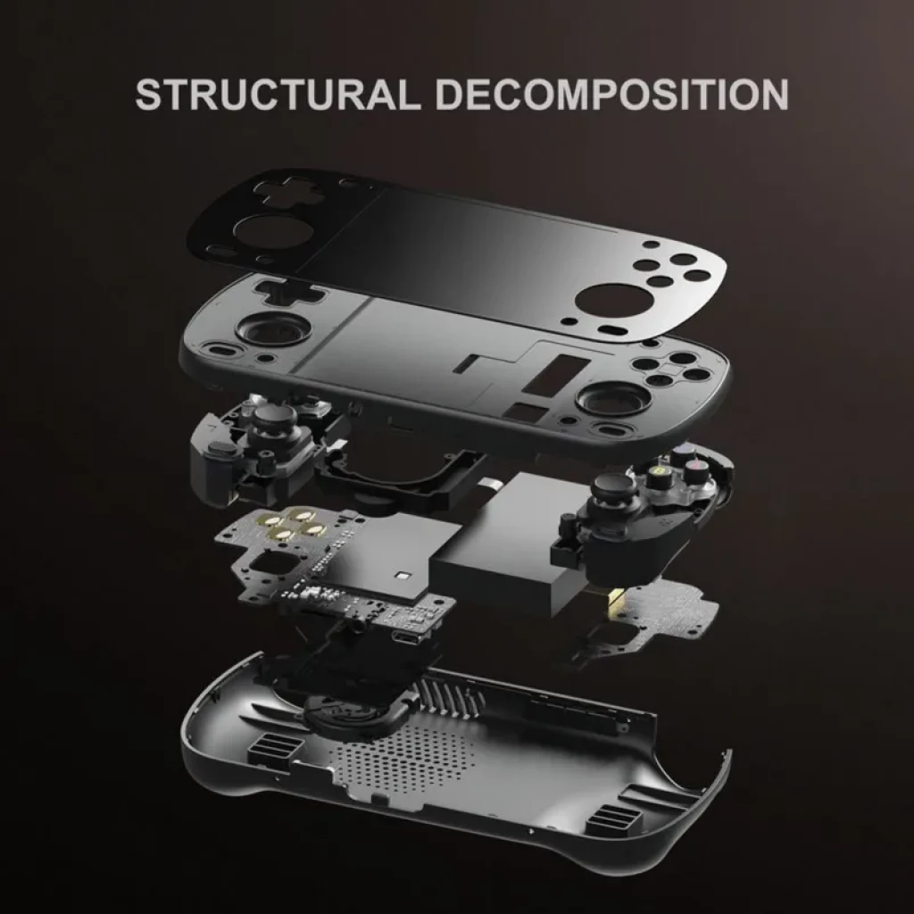 Retroid Pocket Mini V2 SD865 desarmada: capas de carcasa negra, botones, joysticks dobles, placa base y altavoz en vista explotada de sus componentes
