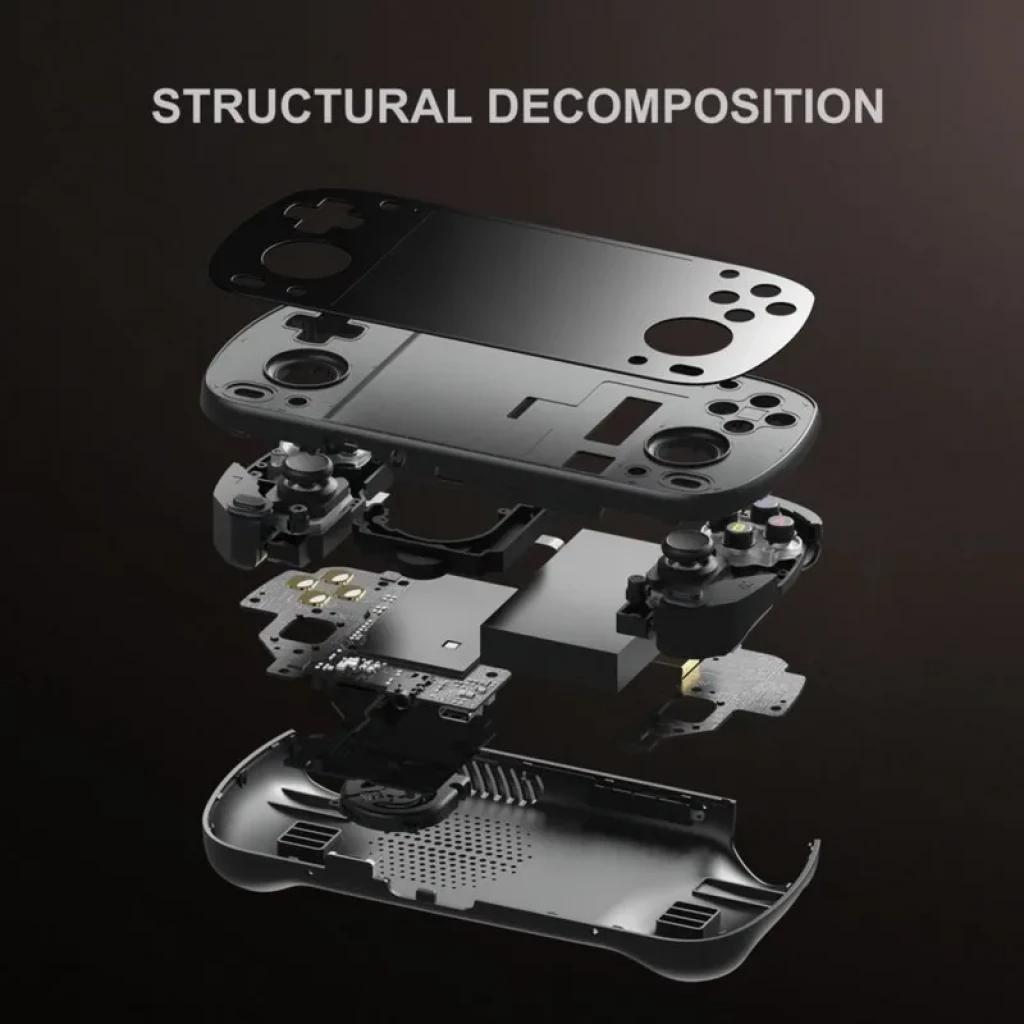 Retroid Pocket Mini V2 SD865 desarmada: capas de carcasa negra, botones, joysticks dobles, placa base y altavoz en vista explotada de sus componentes