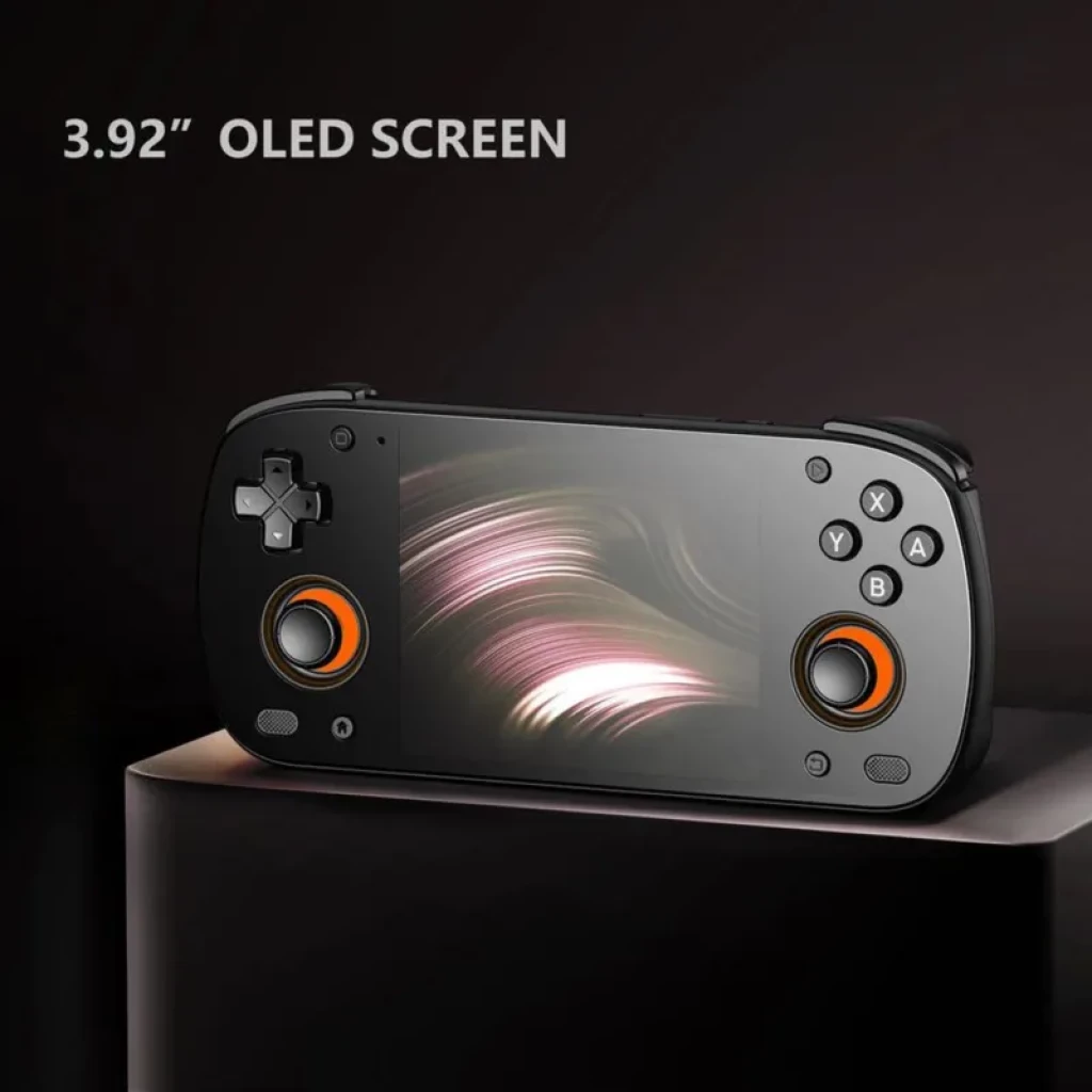 Retroid Pocket Mini V2 SD865 con pantalla OLED de 3.92 pulgadas, sticks anaranjados, cruceta a la izquierda y botones ABXY a la derecha en cuerpo negro