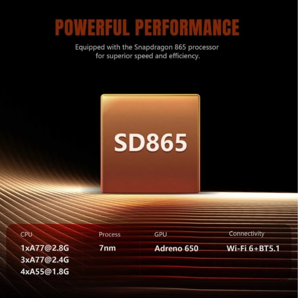 Retroid Pocket 5 SD865 12GB/128GB Negro con chipset Snapdragon 865 destacado, proceso 7nm, GPU Adreno 650, Wi‑Fi 6 y BT 5.1, potencia y eficiencia