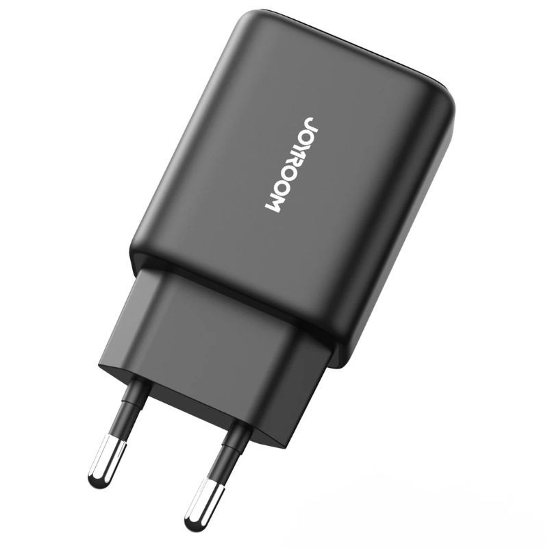 Cargador de pared JOYROOM JR-TCF23 25W en color negro, diseño compacto con enchufe europeo de dos pines y acabado mate, compatible con carga rápida
