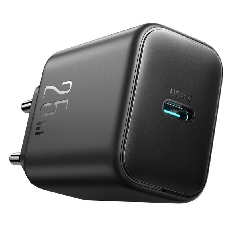 JOYROOM JR-TCF23 25W cargador de pared negro con puerto USB-C único, diseño compacto, clavija europea y acabado mate con marca 25W destacada en el lateral