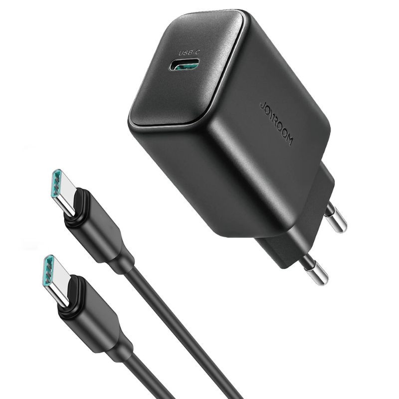 JOYROOM JR-TCF23 25W cargador de pared negro con puerto USB-C y cable USB-C a USB-C, diseño compacto, clavija europea y acabado mate elegante