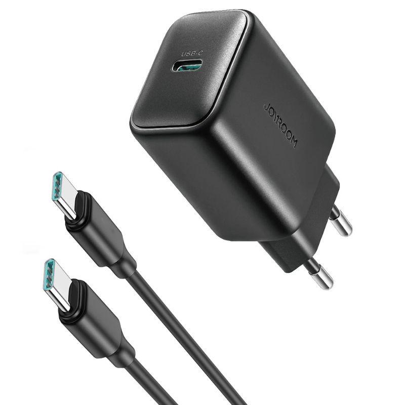 JOYROOM JR-TCF23 25W cargador de pared negro con puerto USB-C y cable USB-C a USB-C, diseño compacto, clavija europea y acabado mate elegante