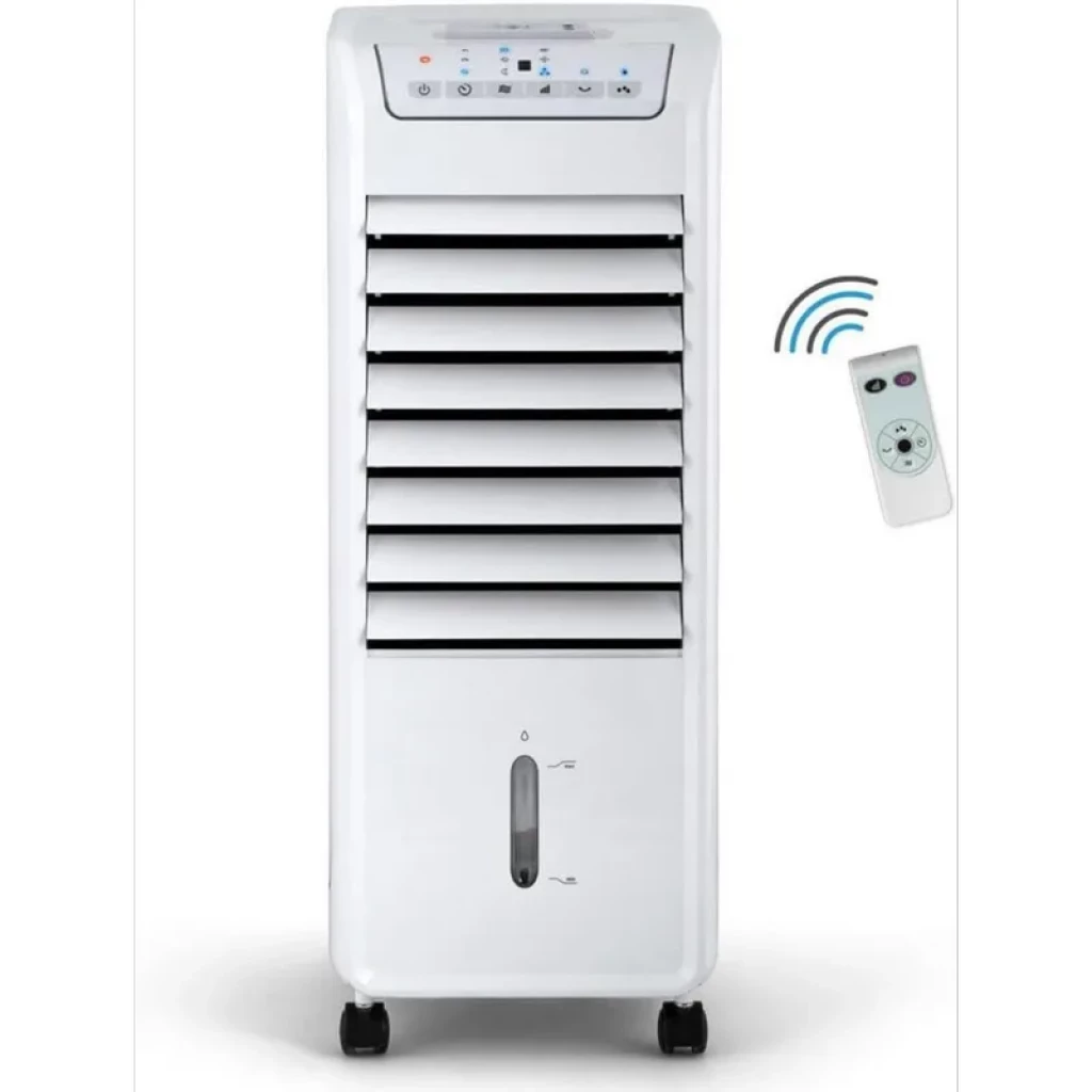 Climatiseur portatif sans tuyau Orbegozo AIR 46 reconditionné Classe A, façade blanche à lames réglables, panneau de commande, télécommande, réservoir