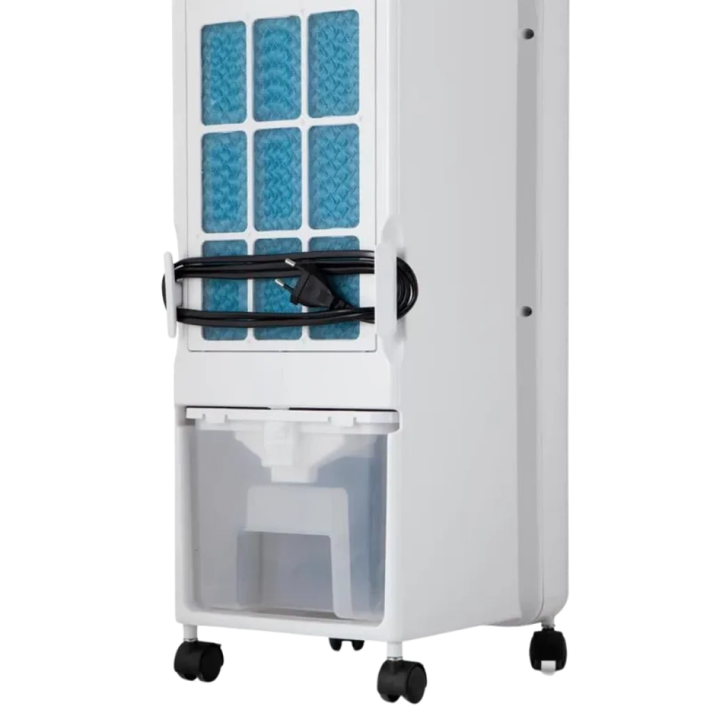 Climatiseur portable Orbegozo AIR 46 reconditionné Classe A, filtre bleu visible, réservoir d’eau transparent, enrouleur de câble arrière, roulettes