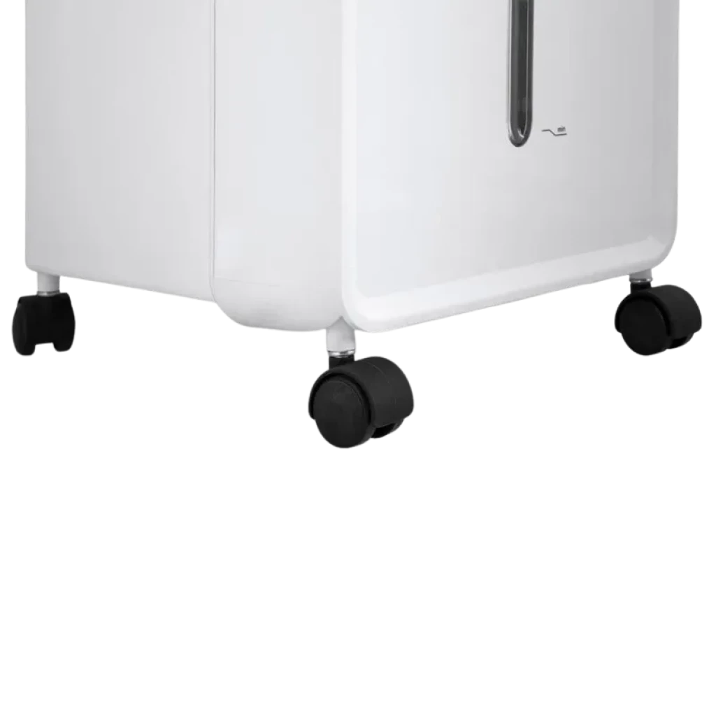 Caisson blanc sur roulettes noires avec réservoir visible et poignée intégrée, bordures arrondies, composant d un climatiseur portatif Orbegozo AIR 46