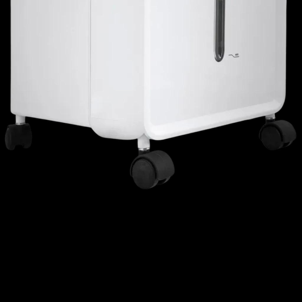 Caisson blanc sur roulettes noires avec réservoir visible et poignée intégrée, bordures arrondies, composant d un climatiseur portatif Orbegozo AIR 46