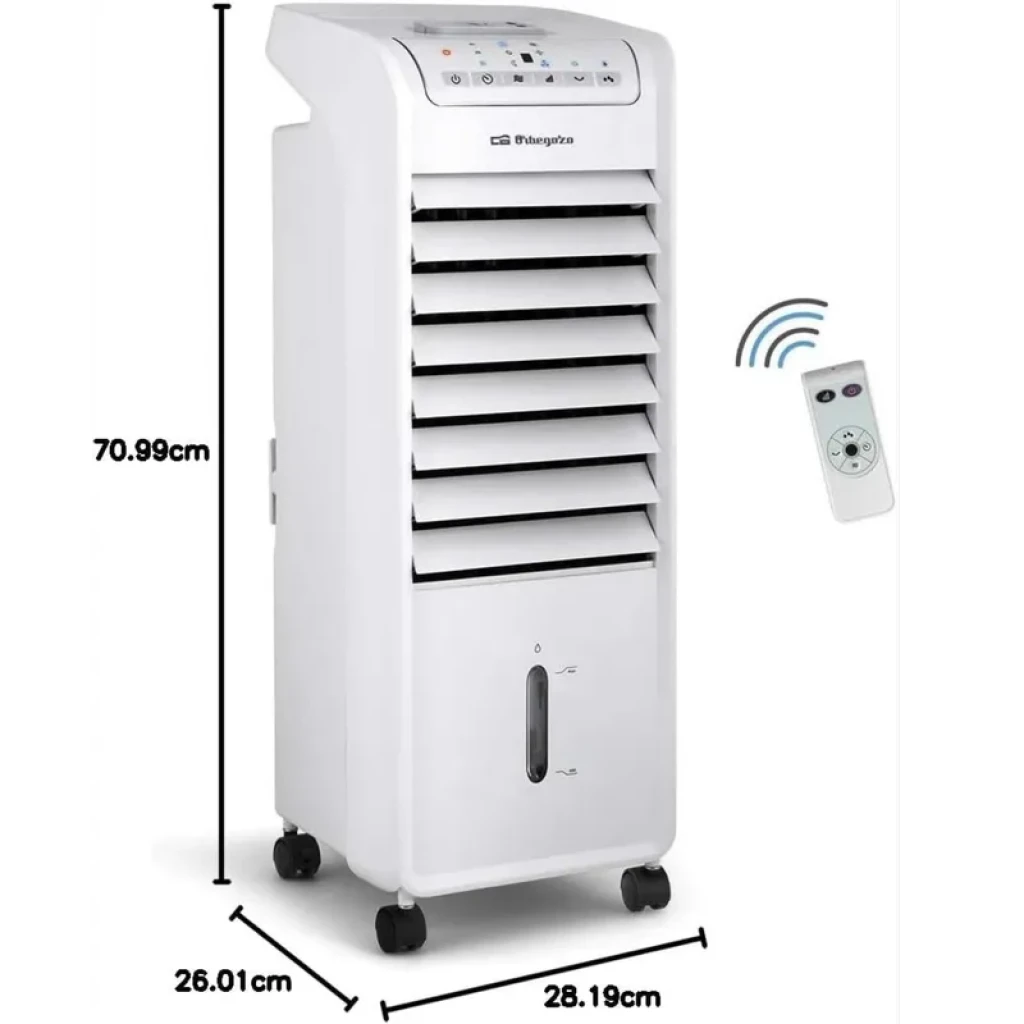 Climatiseur portatif Orbegozo AIR 46 sans tuyau, blanc, grille à lamelles, réservoir visible, roulettes, panneau de contrôle supérieur, télécommande