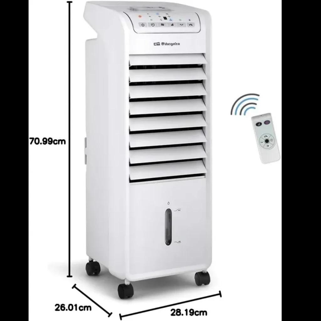 Climatiseur portatif Orbegozo AIR 46 sans tuyau, blanc, grille à lamelles, réservoir visible, roulettes, panneau de contrôle supérieur, télécommande