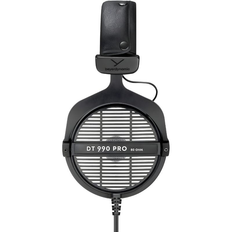 Beyerdynamic DT 990 PRO 80 Ω casque studio filaire, arceau rembourré noir, coques ouvertes à grilles métalliques, câble spiralé, logo et marquage 80 OHM