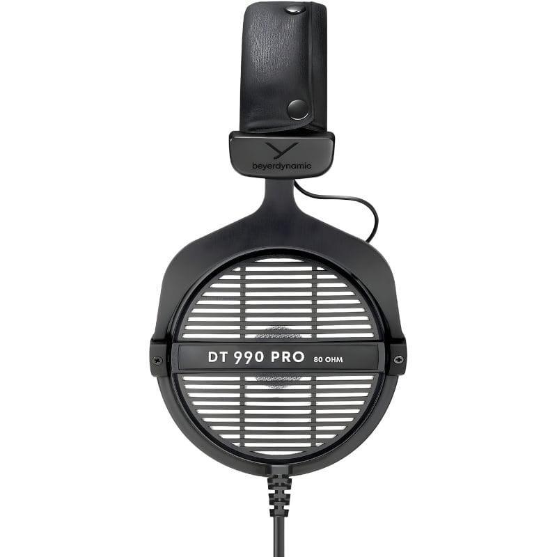 Beyerdynamic DT 990 PRO 80 Ω casque studio filaire, arceau rembourré noir, coques ouvertes à grilles métalliques, câble spiralé, logo et marquage 80 OHM