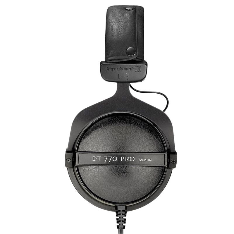 Beyerdynamic DT 770 Pro 80 Ω casque fermé noir avec arceau rembourré, oreillette ronde texturée, bande métallique centrale et câble spiralé detachable