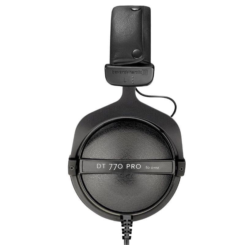 Beyerdynamic DT 770 Pro 80 Ω casque fermé noir avec arceau rembourré, oreillette ronde texturée, bande métallique centrale et câble spiralé detachable