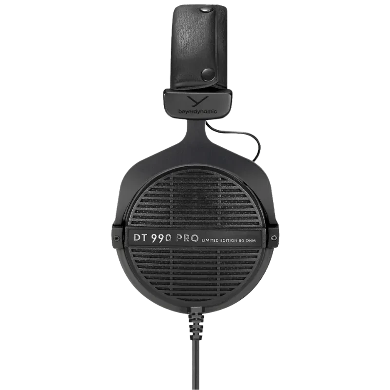 Beyerdynamic DT 990 PRO 80 Ω Black Edition, casque studio filaire noir, oreillettes ouvertes grillagées, arceau rembourré, câble spiralé robuste
