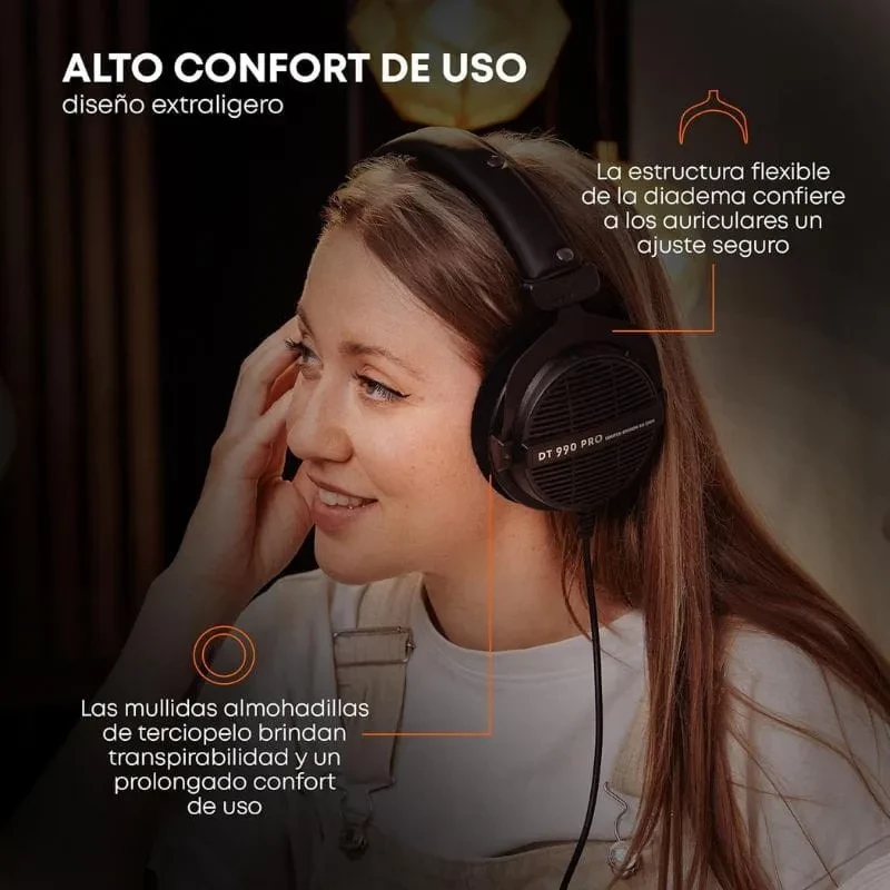 Beyerdynamic DT 990 PRO 80 Ω Black Edition, casque studio filaire noir, coques ouvertes, arceau flexible, coussinets velours épais, câble spiralé