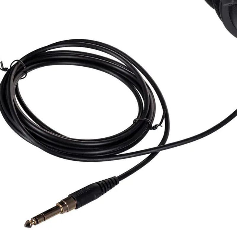 Câble audio noir long avec fiche jack 6,35 mm dorée, connecté à un casque studio fermé Beyerdynamic DT 770 Pro 80 Ω édition limitée Noir