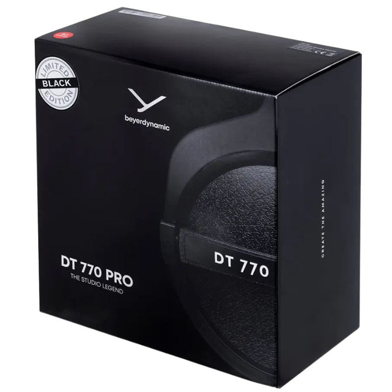 Beyerdynamic DT 770 Pro 80 Ω Noir Édition limitée en boîte noire élégante avec visuel du casque fermé, logo beyerdynamic, badge Limited Edition Black