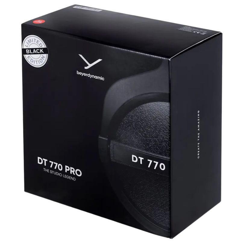 Beyerdynamic DT 770 Pro 80 Ω Noir Édition limitée en boîte noire élégante avec visuel du casque fermé, logo beyerdynamic, badge Limited Edition Black
